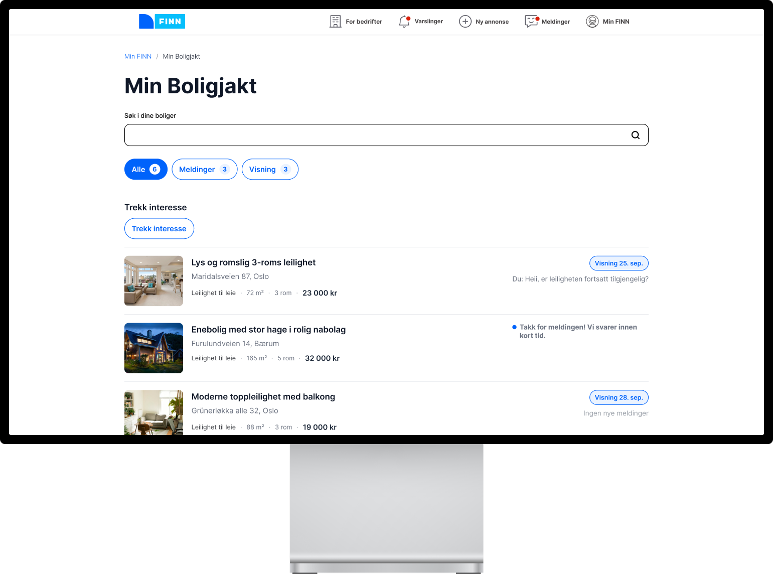Min Boligjakt på FINN: en samlet oversikt over boliger, meldinger og visninger.